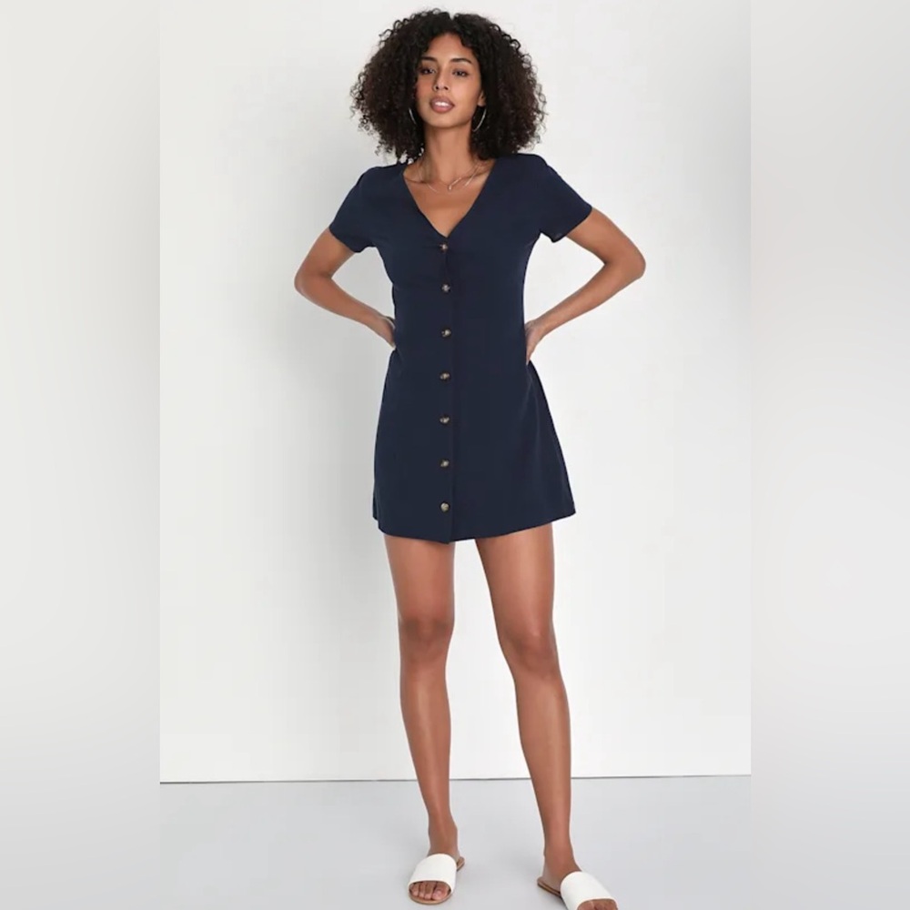 NWT Lulus Everyday Sweetness Navy Button-Up Mini Dress With Pockets - Picture 2 of 8
